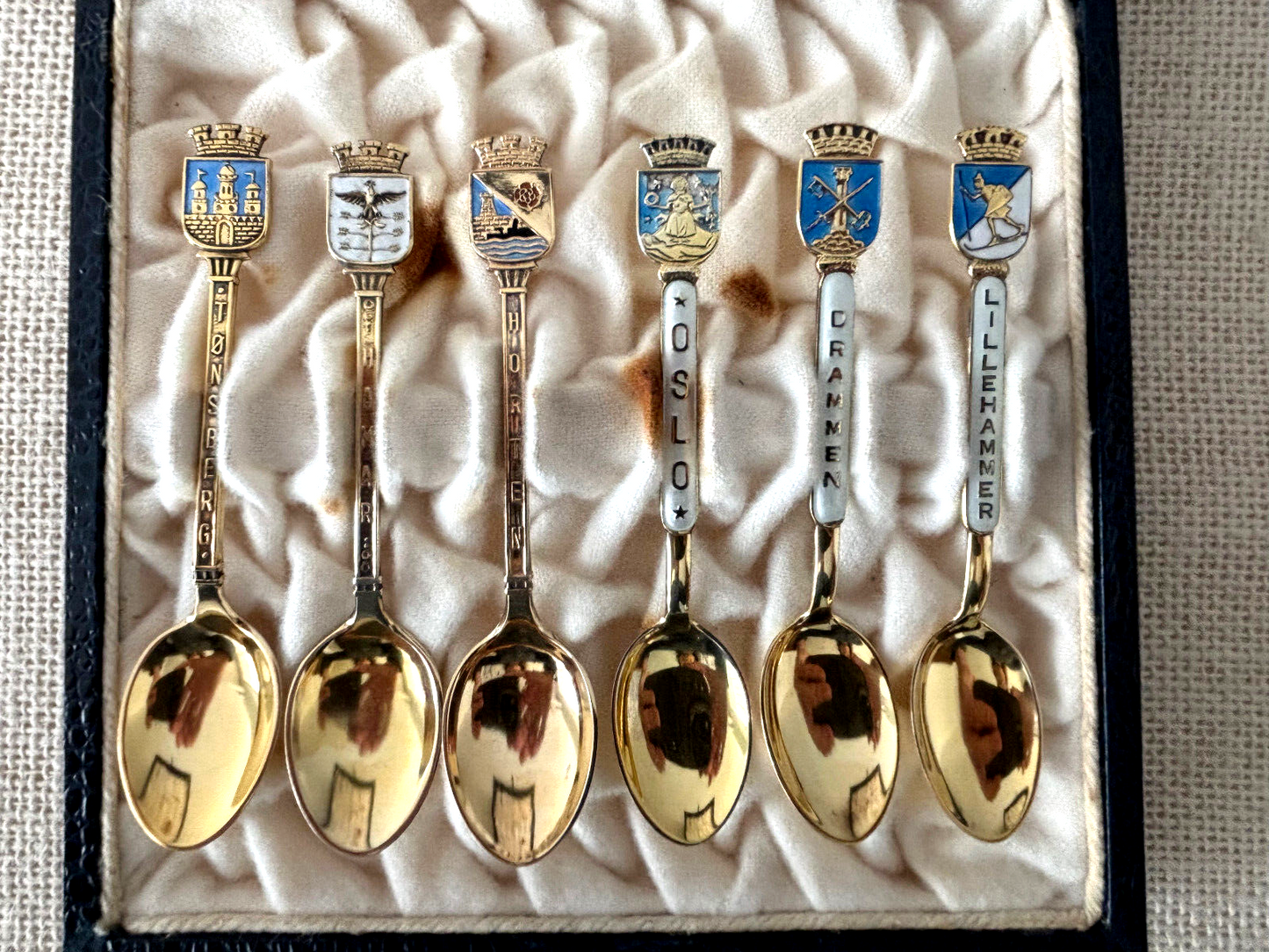 Gilt sterling enamel Norway Cities souvenir Demitasse Spoons