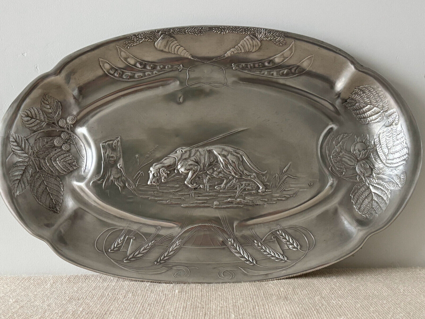 Austrian Art Nouveau Pewter Platter with Hunting Dog