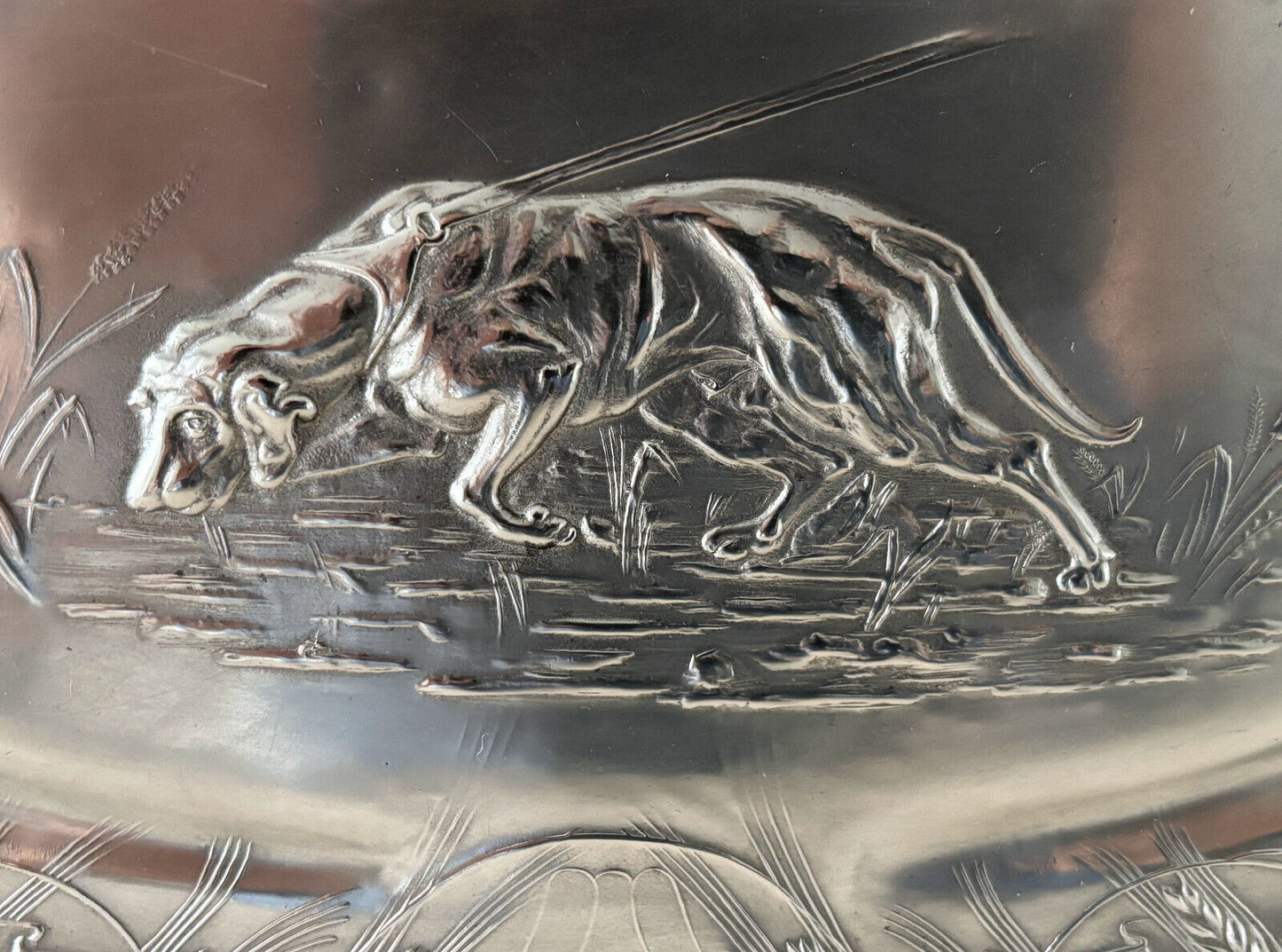 Austrian Art Nouveau Pewter Platter with Hunting Dog