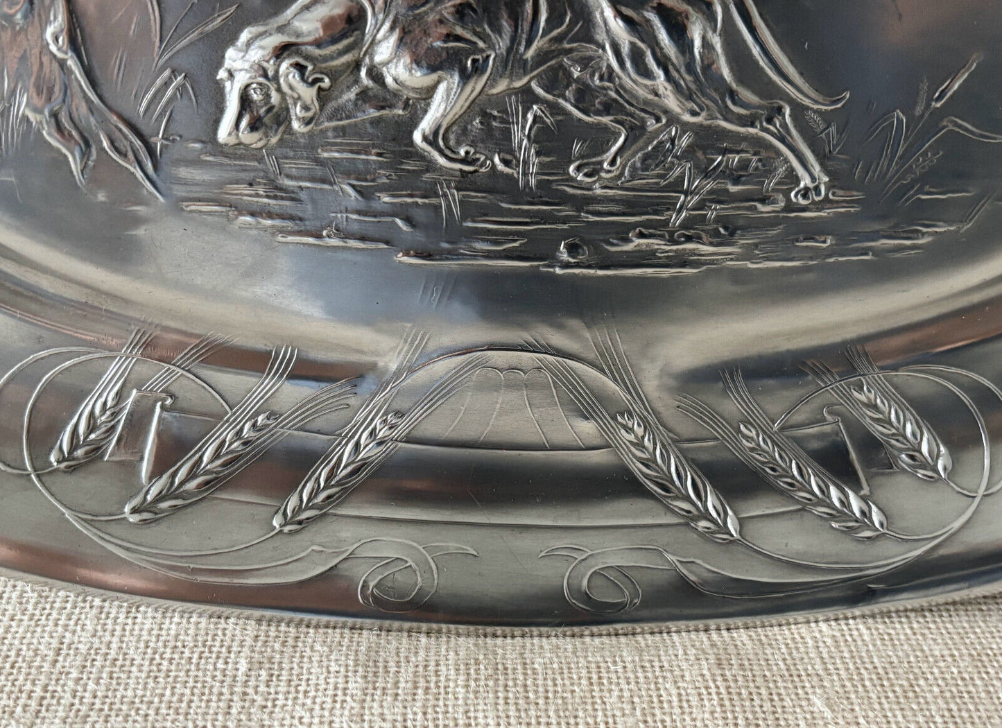 Austrian Art Nouveau Pewter Platter with Hunting Dog