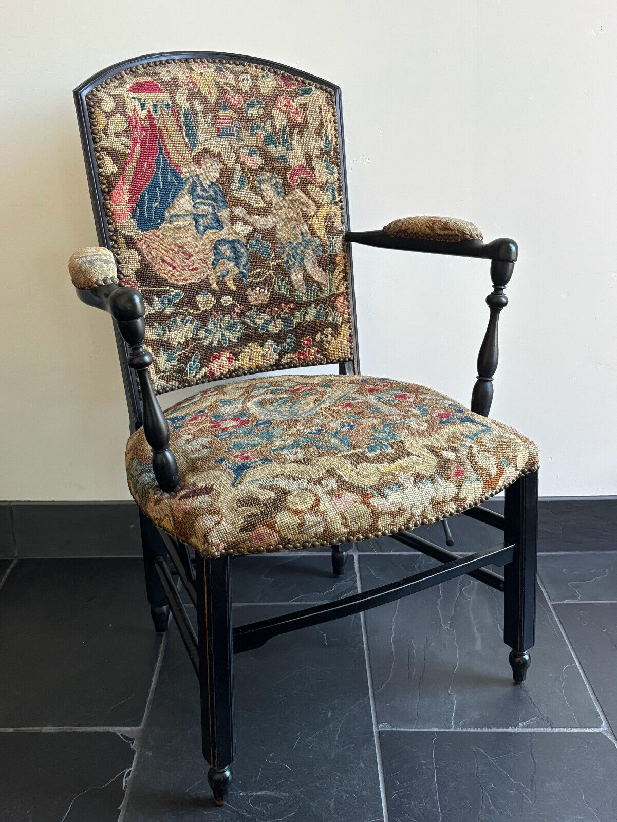 Antique Napoleon III Needlepoint Tapestry Ladies Fireside Chair
