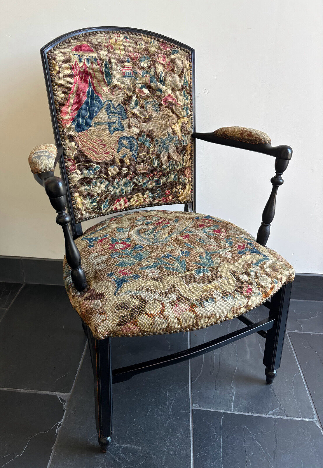 Antique Napoleon III Needlepoint Tapestry Ladies Fireside Chair