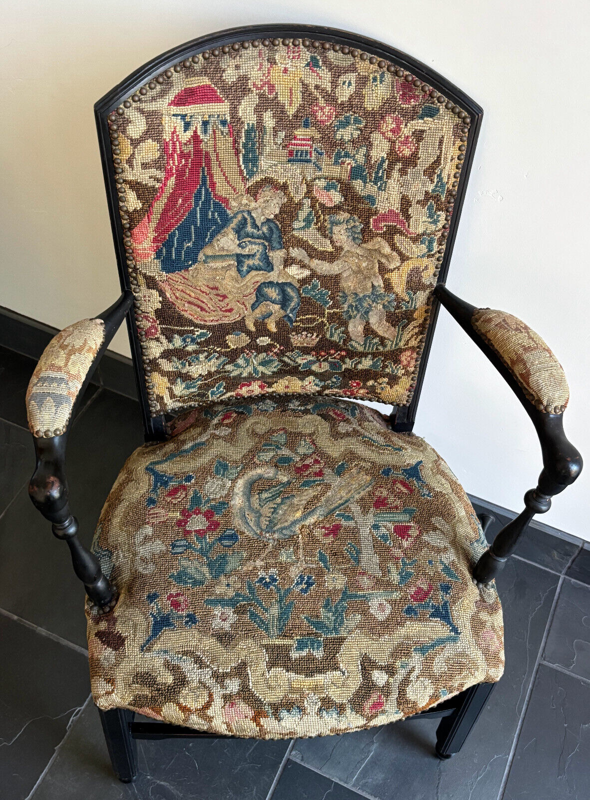 Antique Napoleon III Needlepoint Tapestry Ladies Fireside Chair