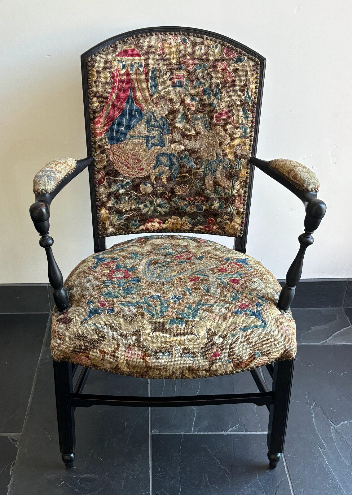Antique Napoleon III Needlepoint Tapestry Ladies Fireside Chair