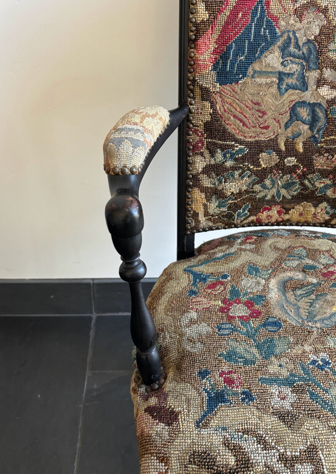 Antique Napoleon III Needlepoint Tapestry Ladies Fireside Chair
