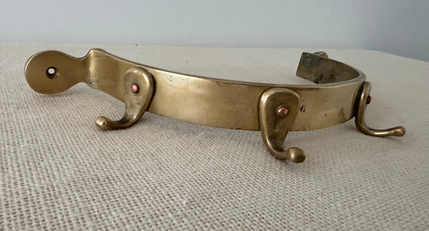 Antique brass semi-circle Pot, Tack or Coat Rack with Copper Rivets