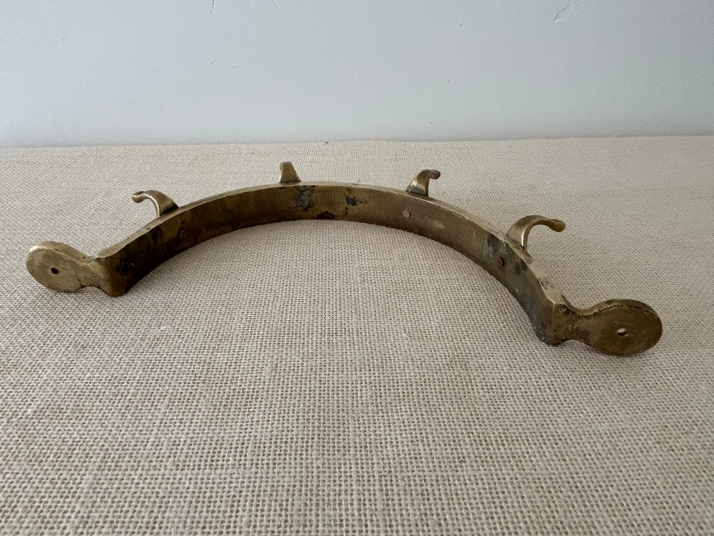 Antique brass semi-circle Pot, Tack or Coat Rack with Copper Rivets