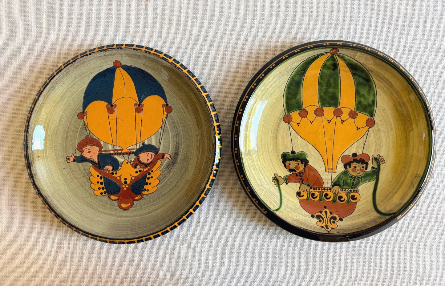 Swiss Folk Art Pottery Wall Plates with Hot Air Balloon Motif