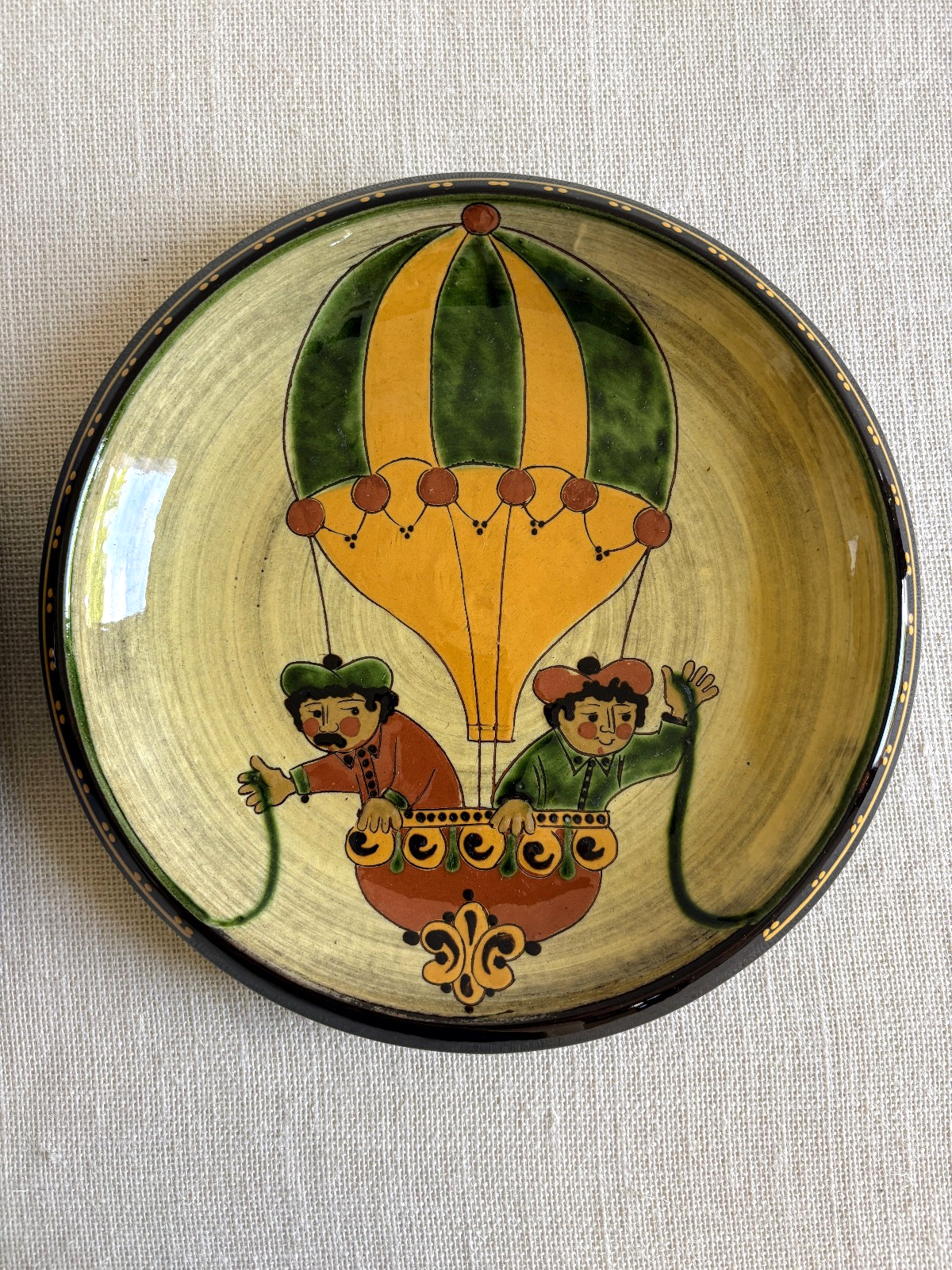 Swiss Folk Art Pottery Wall Plates with Hot Air Balloon Motif