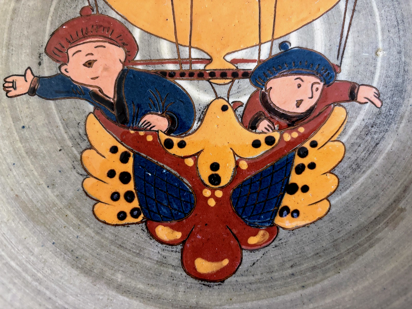 Swiss Folk Art Pottery Wall Plates with Hot Air Balloon Motif