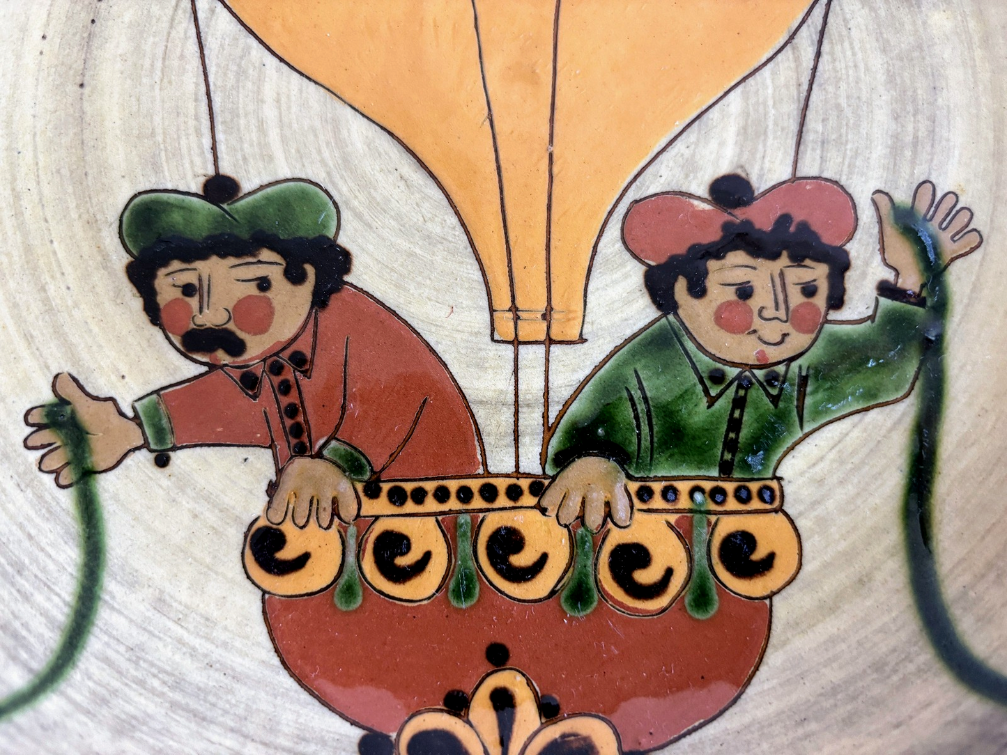 Swiss Folk Art Pottery Wall Plates with Hot Air Balloon Motif