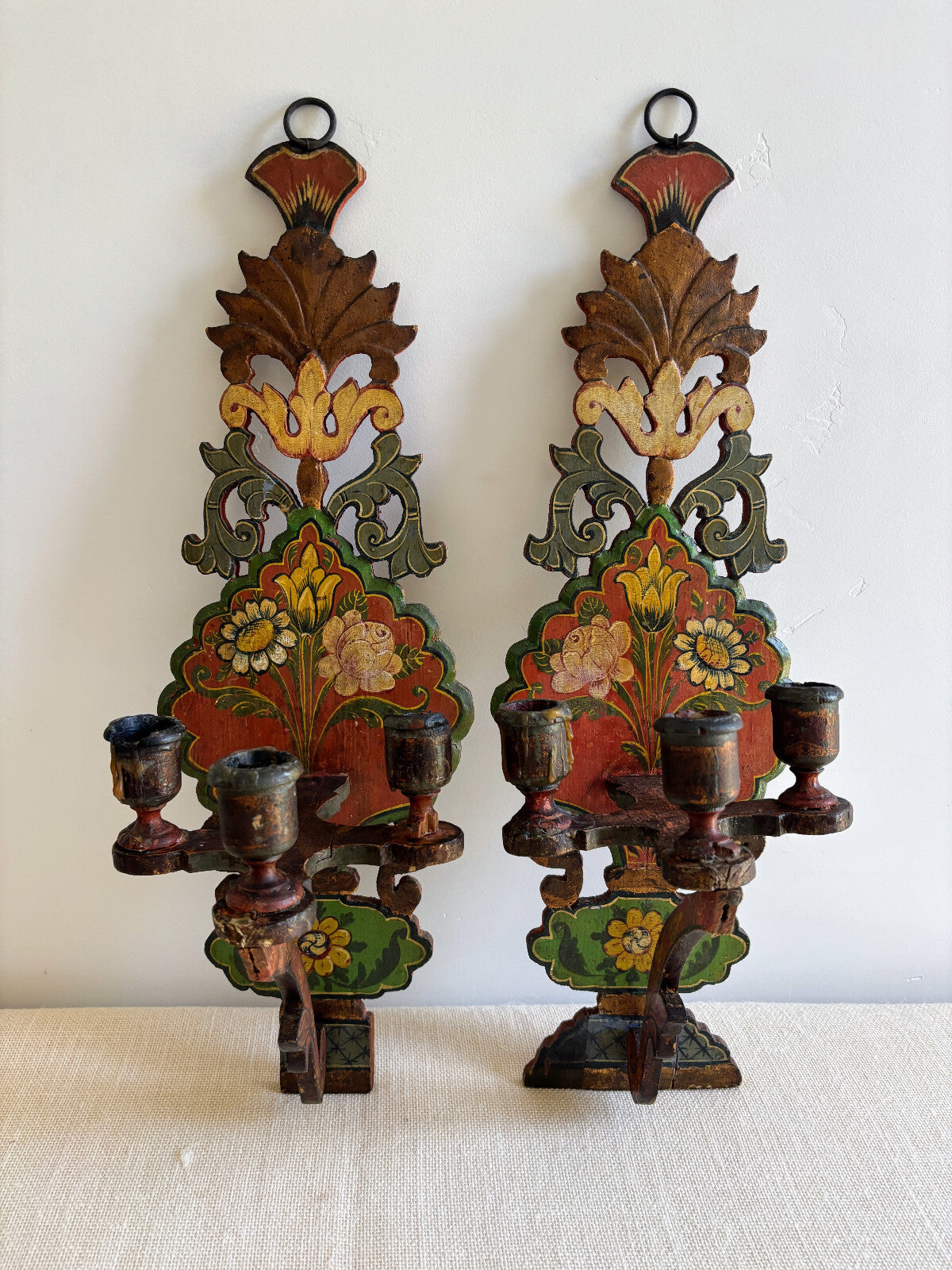 Antique European Wood Folk Art Candle Sconces
