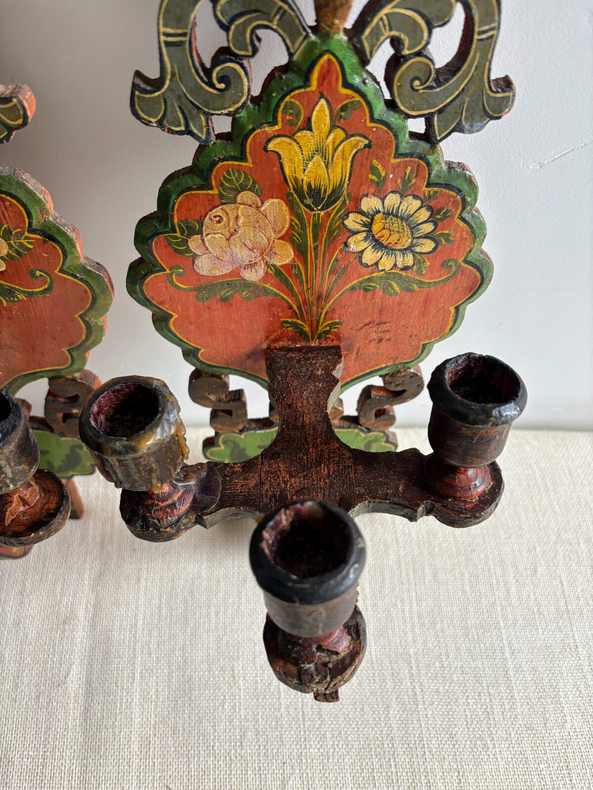 Antique European Wood Folk Art Candle Sconces