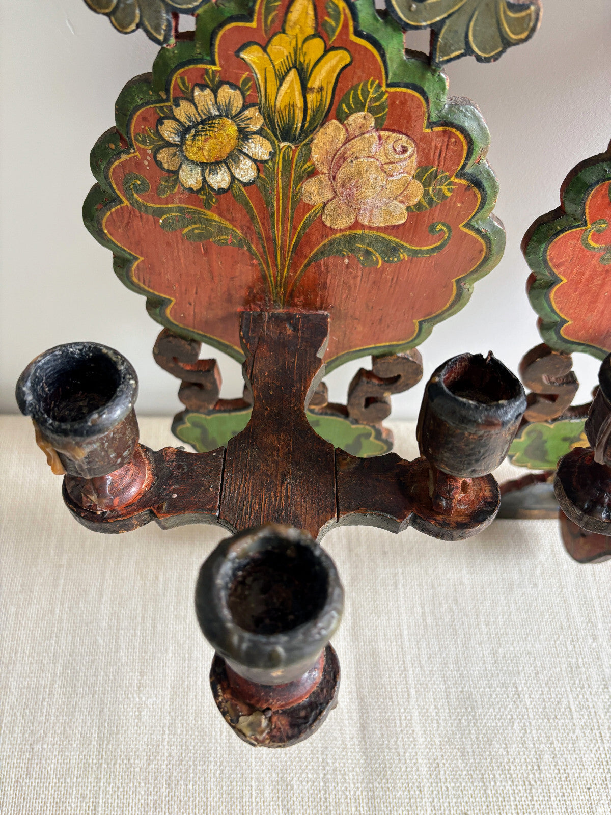 Antique European Wood Folk Art Candle Sconces