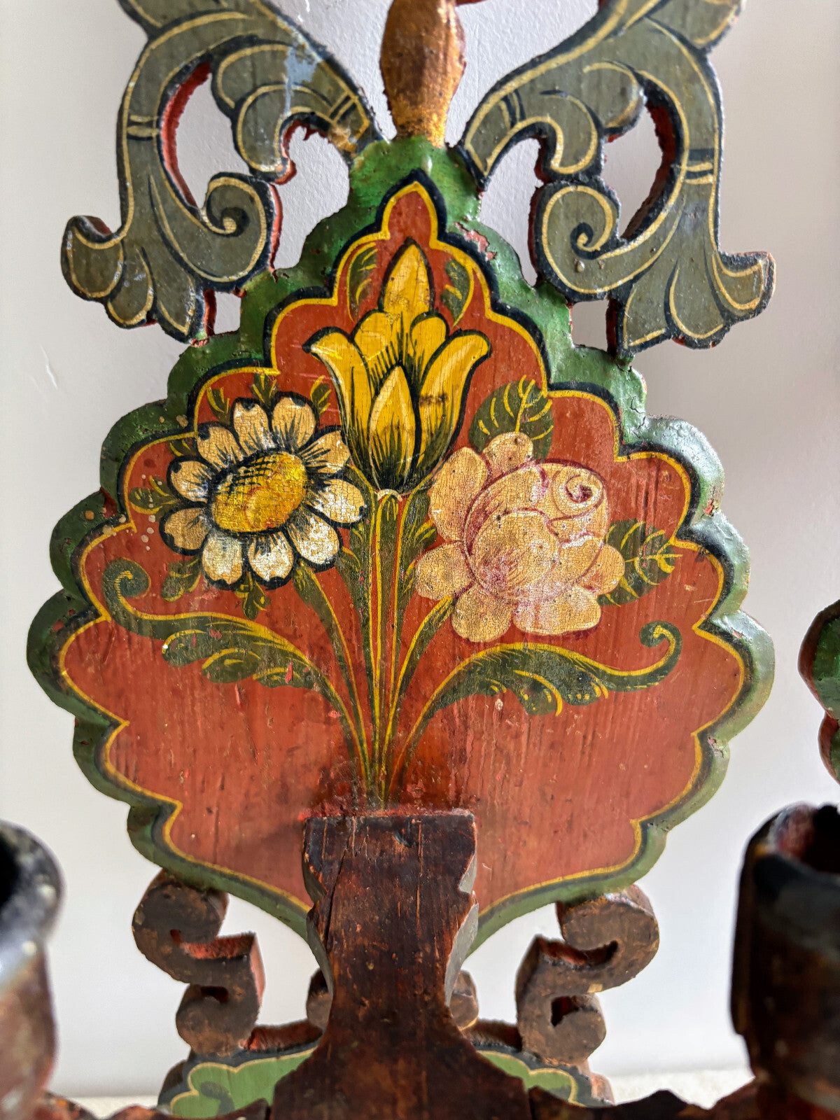 Antique European Wood Folk Art Candle Sconces
