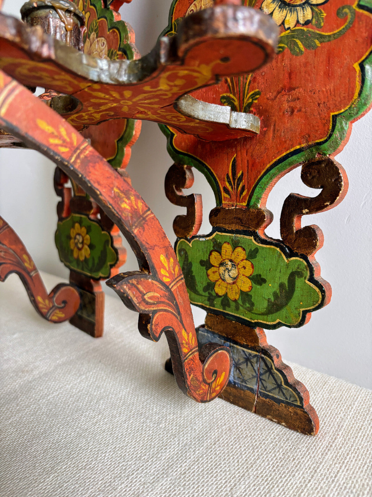 Antique European Wood Folk Art Candle Sconces