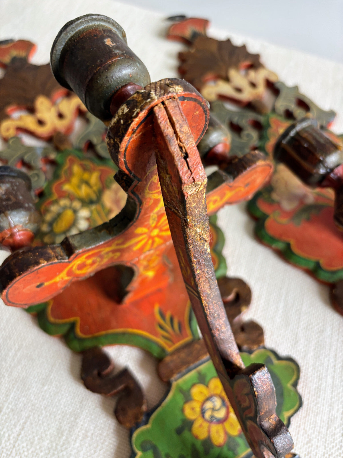 Antique European Wood Folk Art Candle Sconces