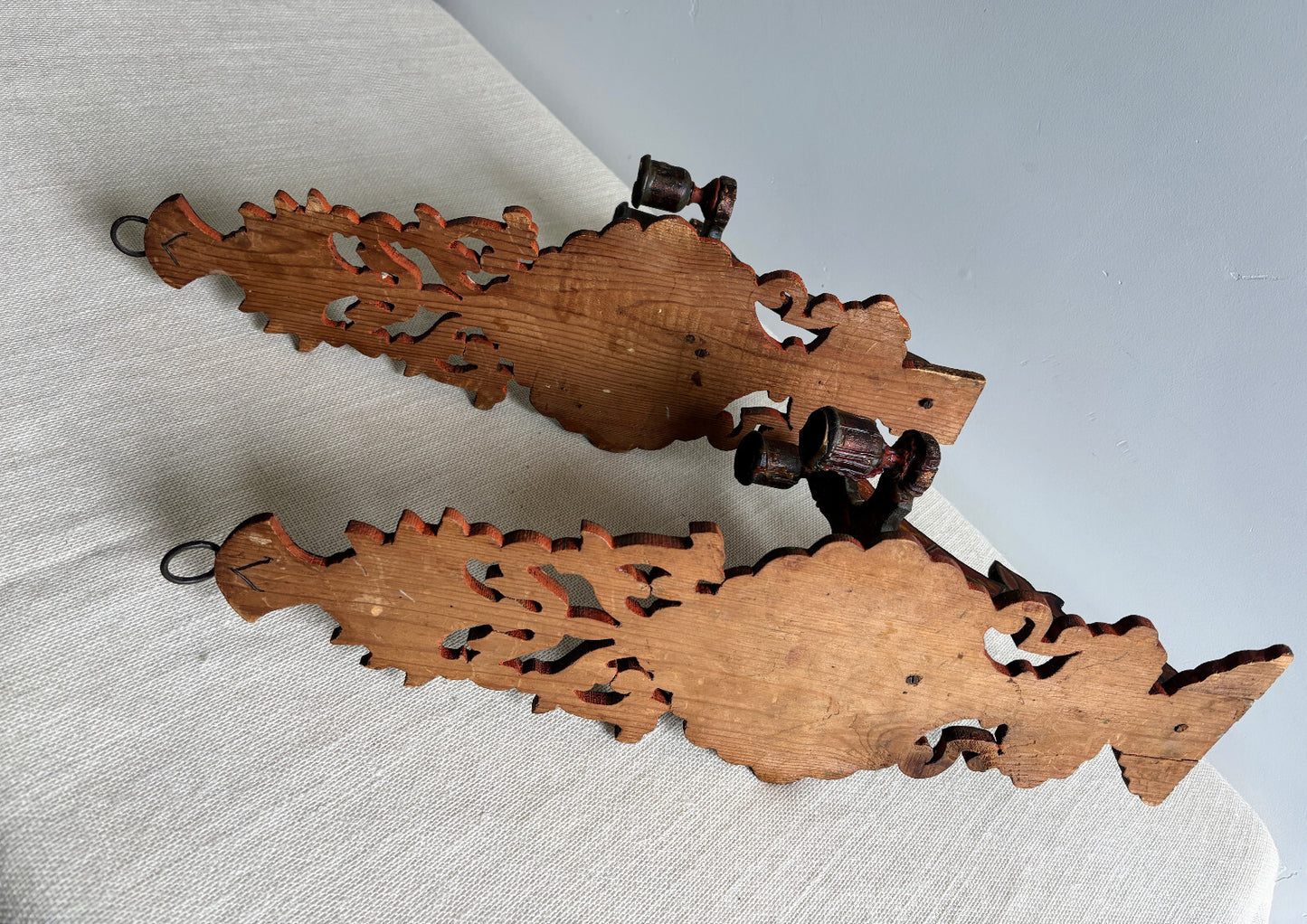 Antique European Wood Folk Art Candle Sconces