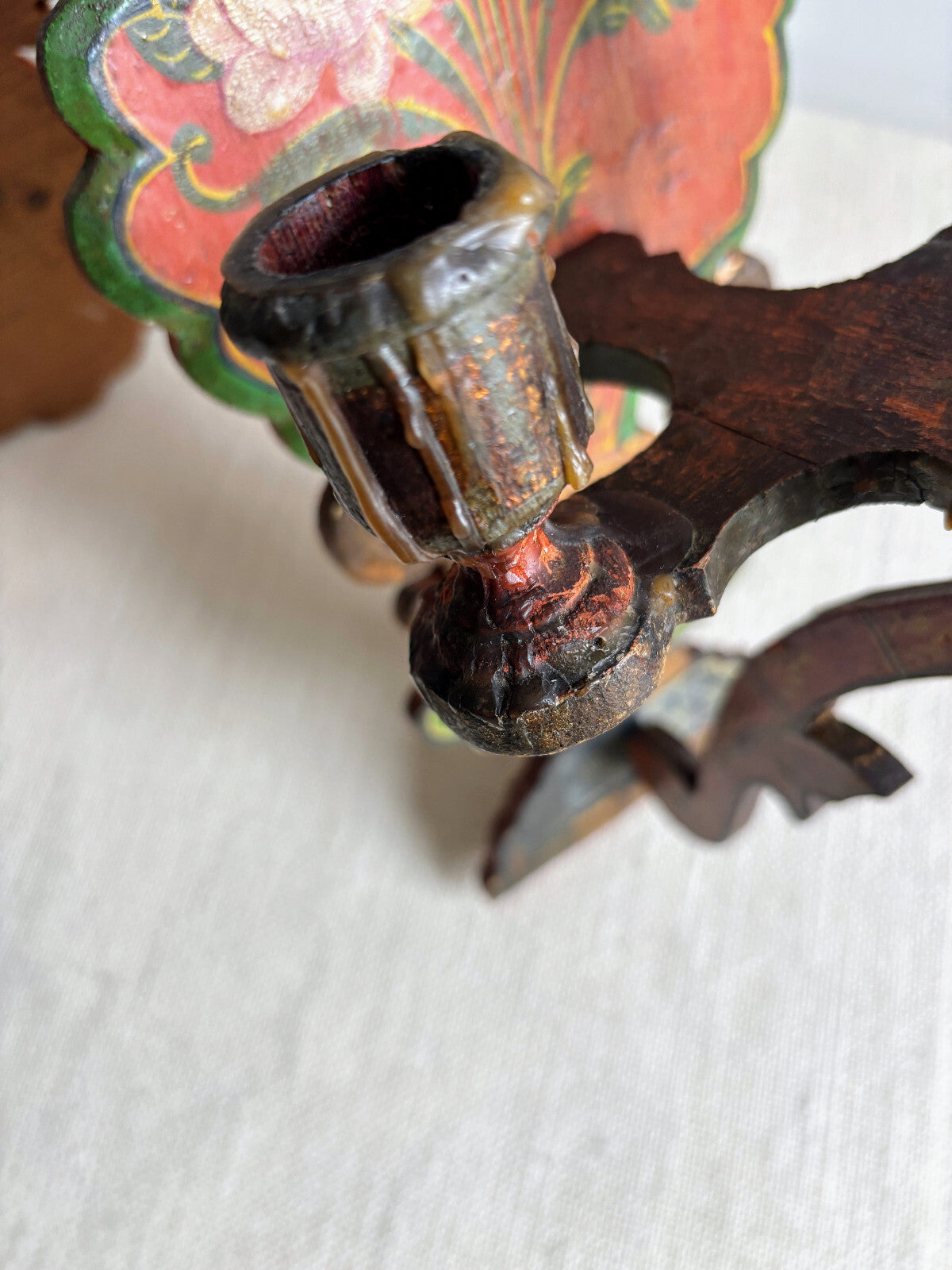 Antique European Wood Folk Art Candle Sconces