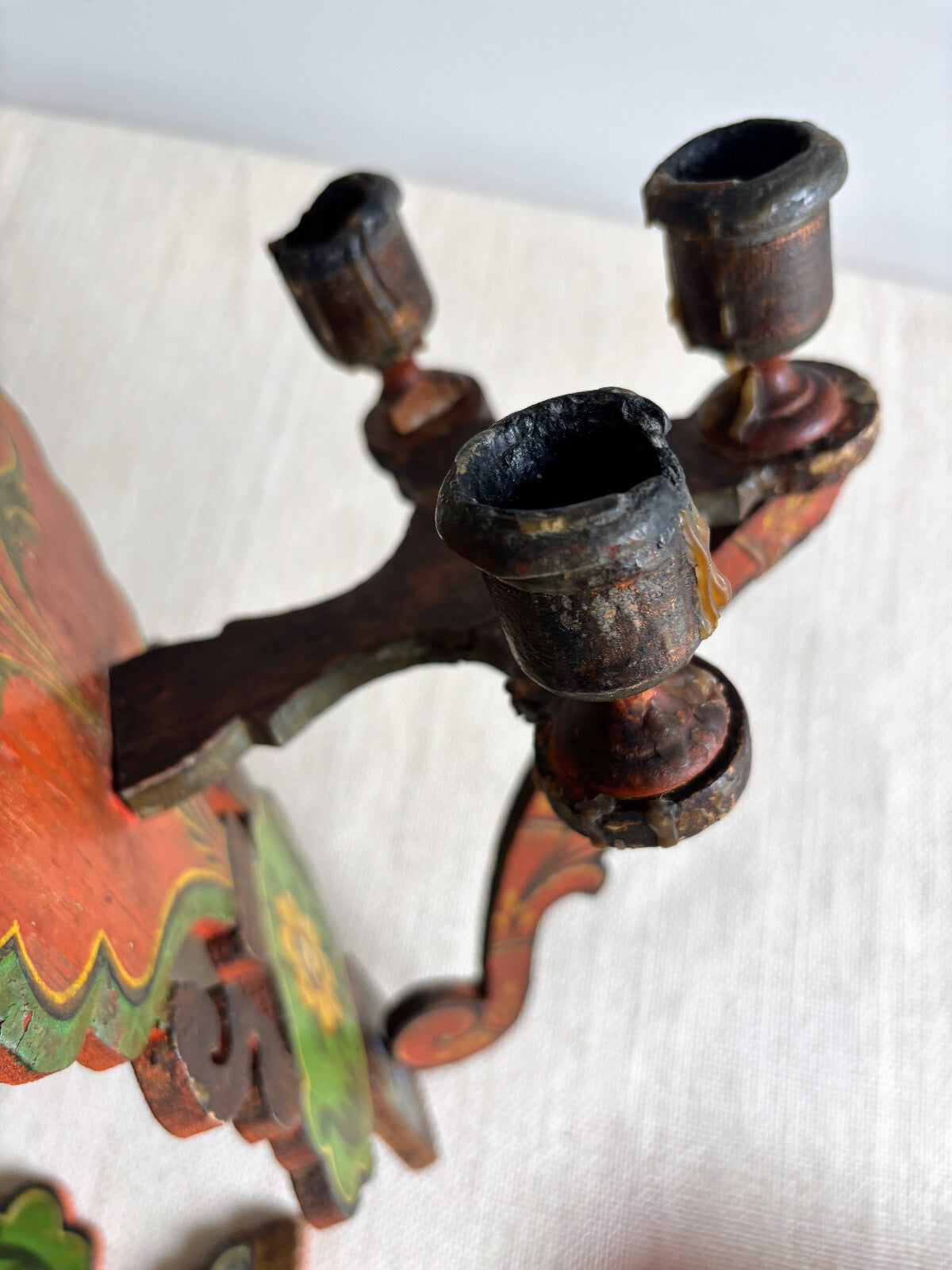 Antique European Wood Folk Art Candle Sconces