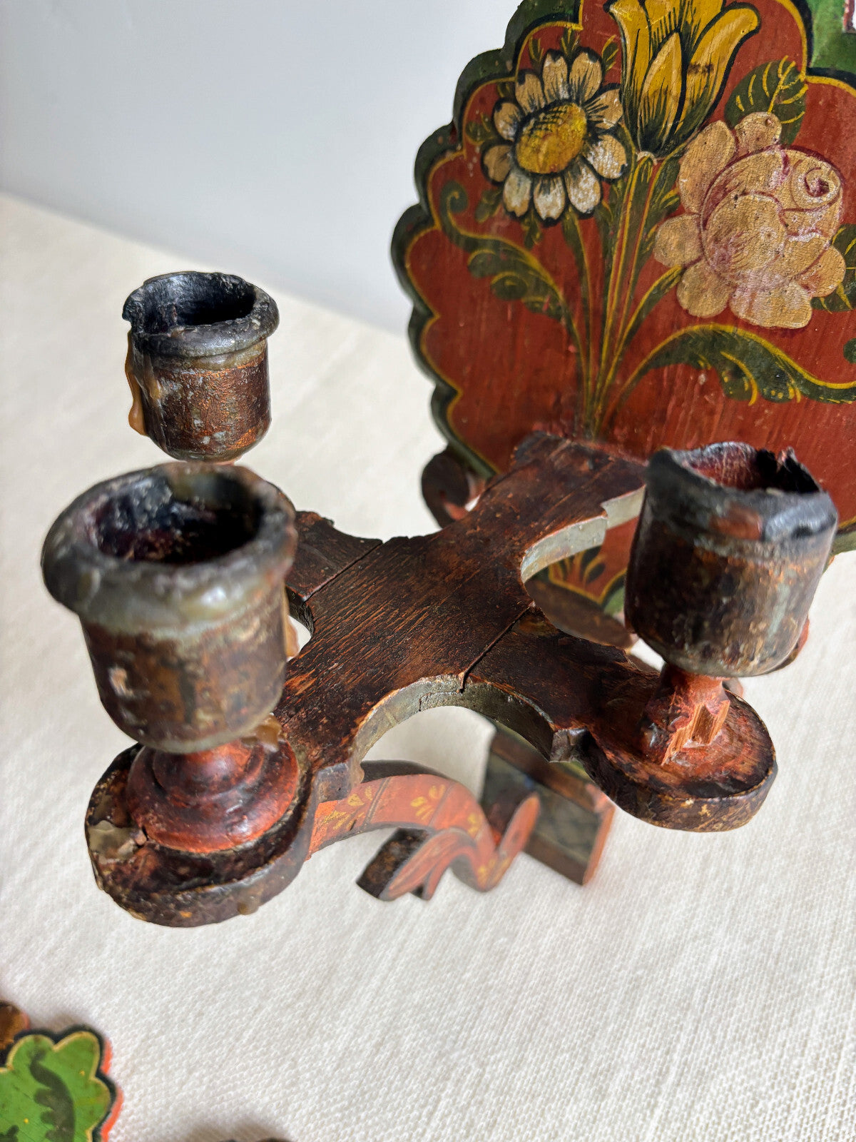 Antique European Wood Folk Art Candle Sconces