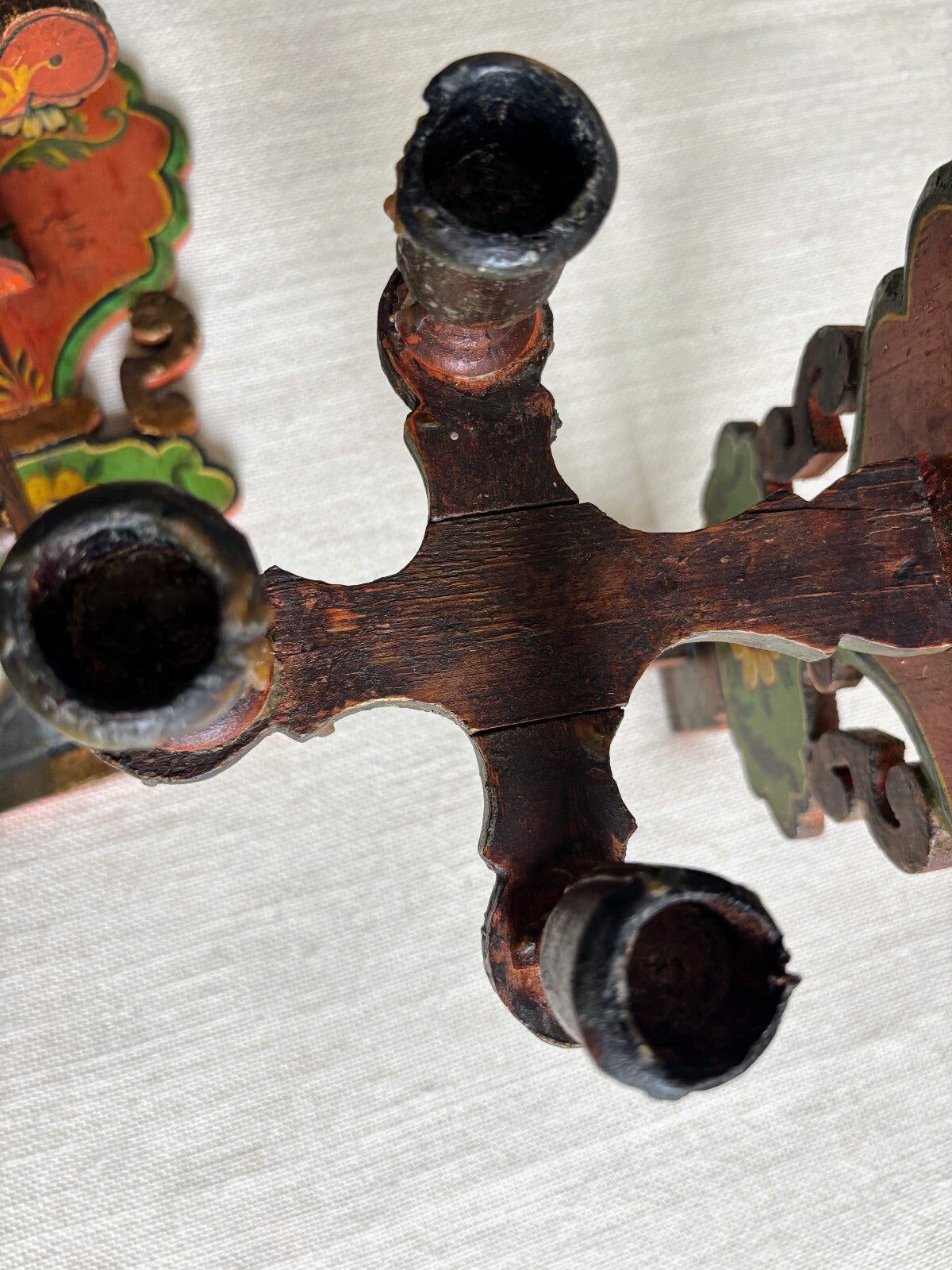 Antique European Wood Folk Art Candle Sconces