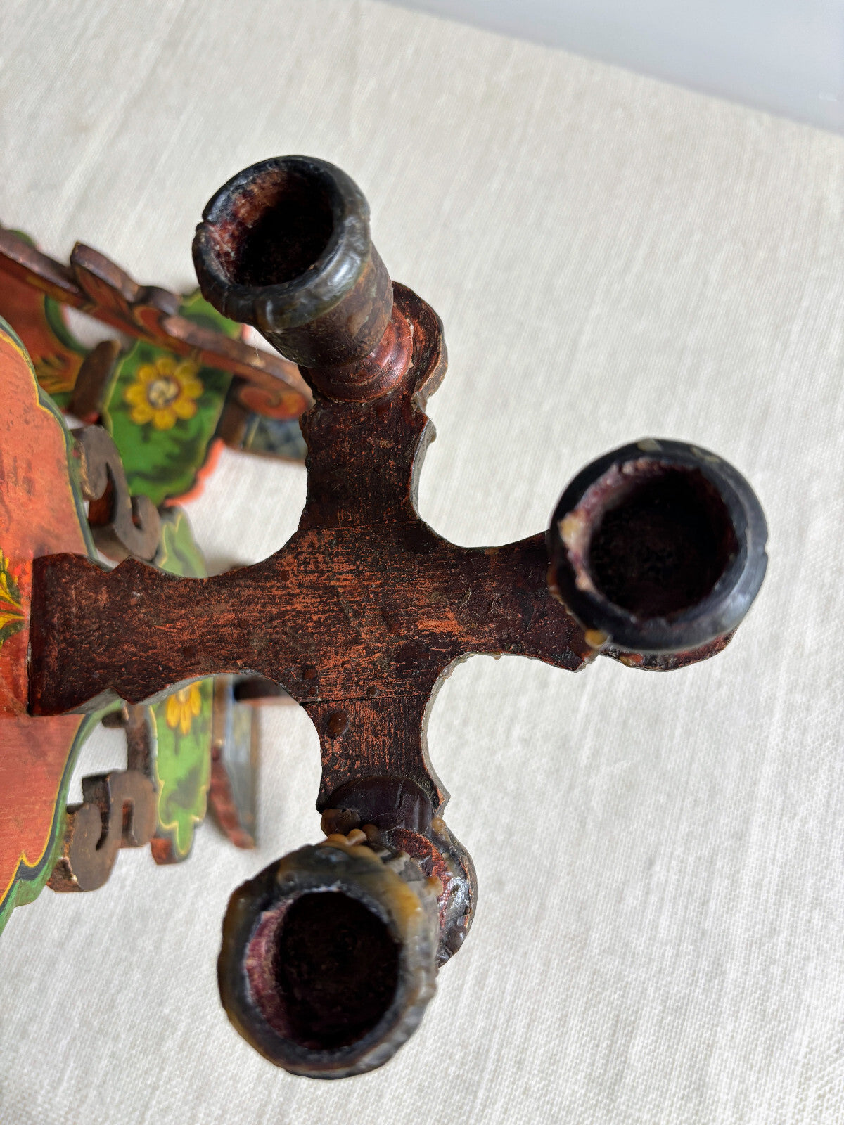 Antique European Wood Folk Art Candle Sconces