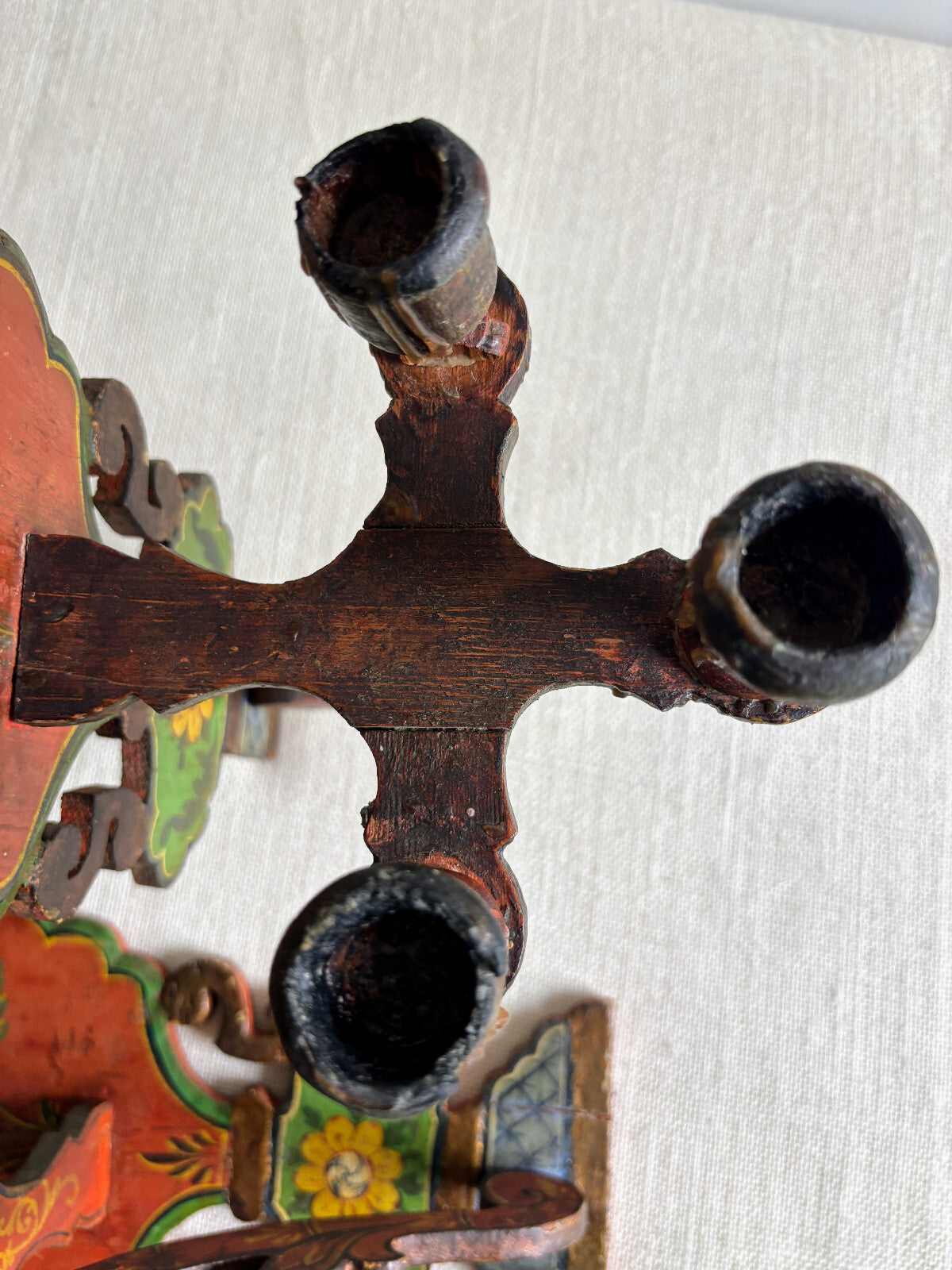 Antique European Wood Folk Art Candle Sconces