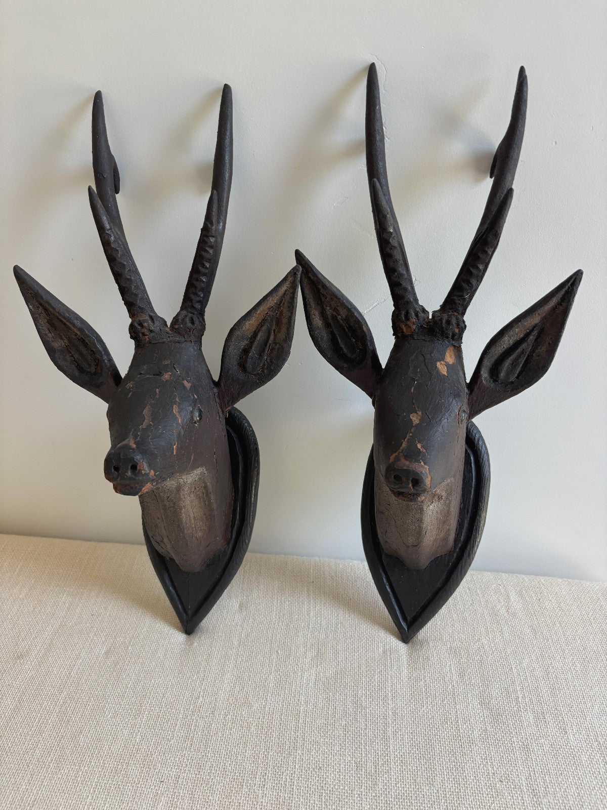 Antique Hand Carved Wood Mounted Roe Deer Head Pair