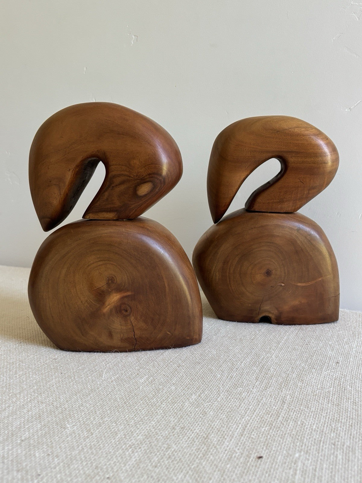 Mid Century abstract Hawaiian wood Bird Sculptures or Bookends