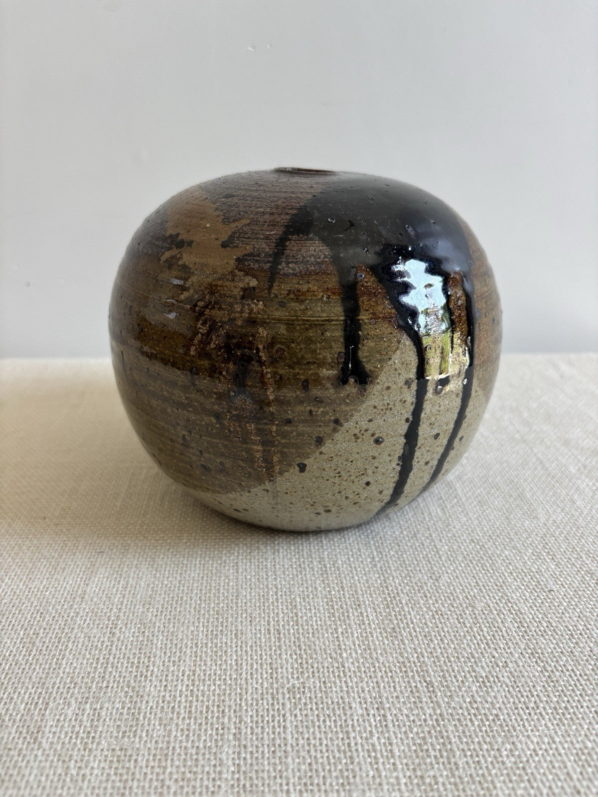 Spherical mid century signed studio pottery Weed Pot