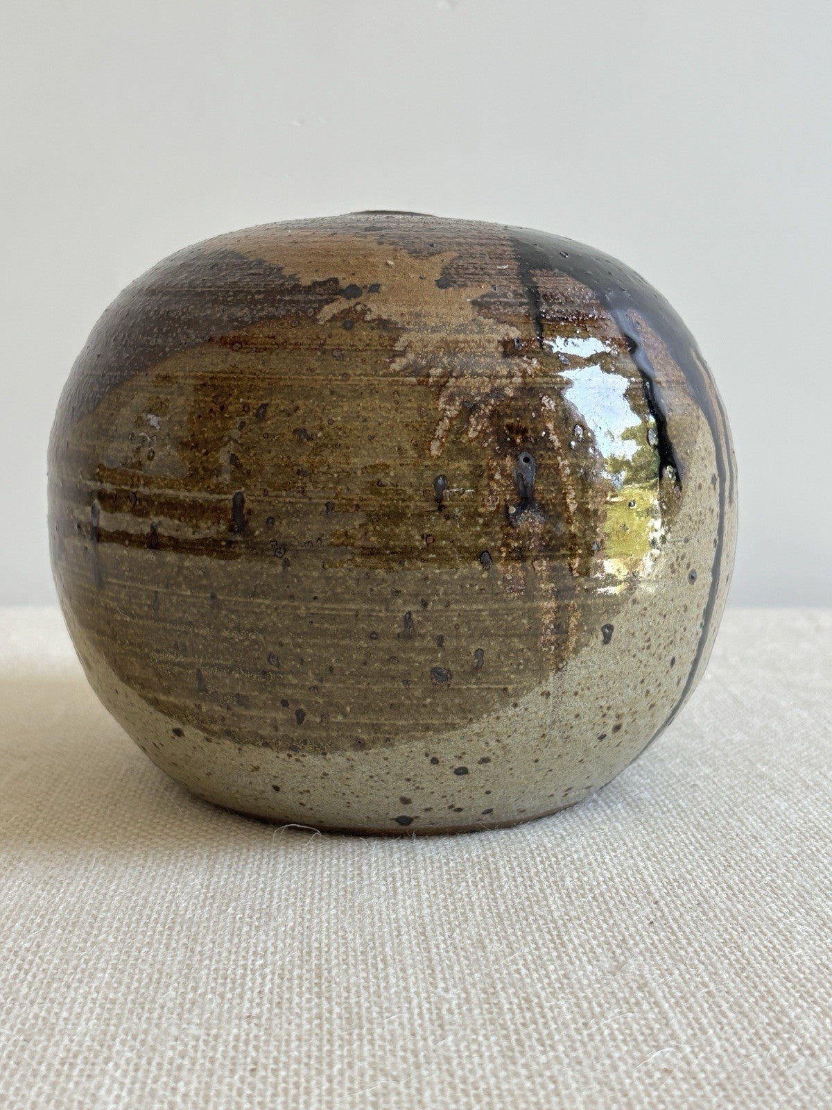 Spherical mid century signed studio pottery Weed Pot