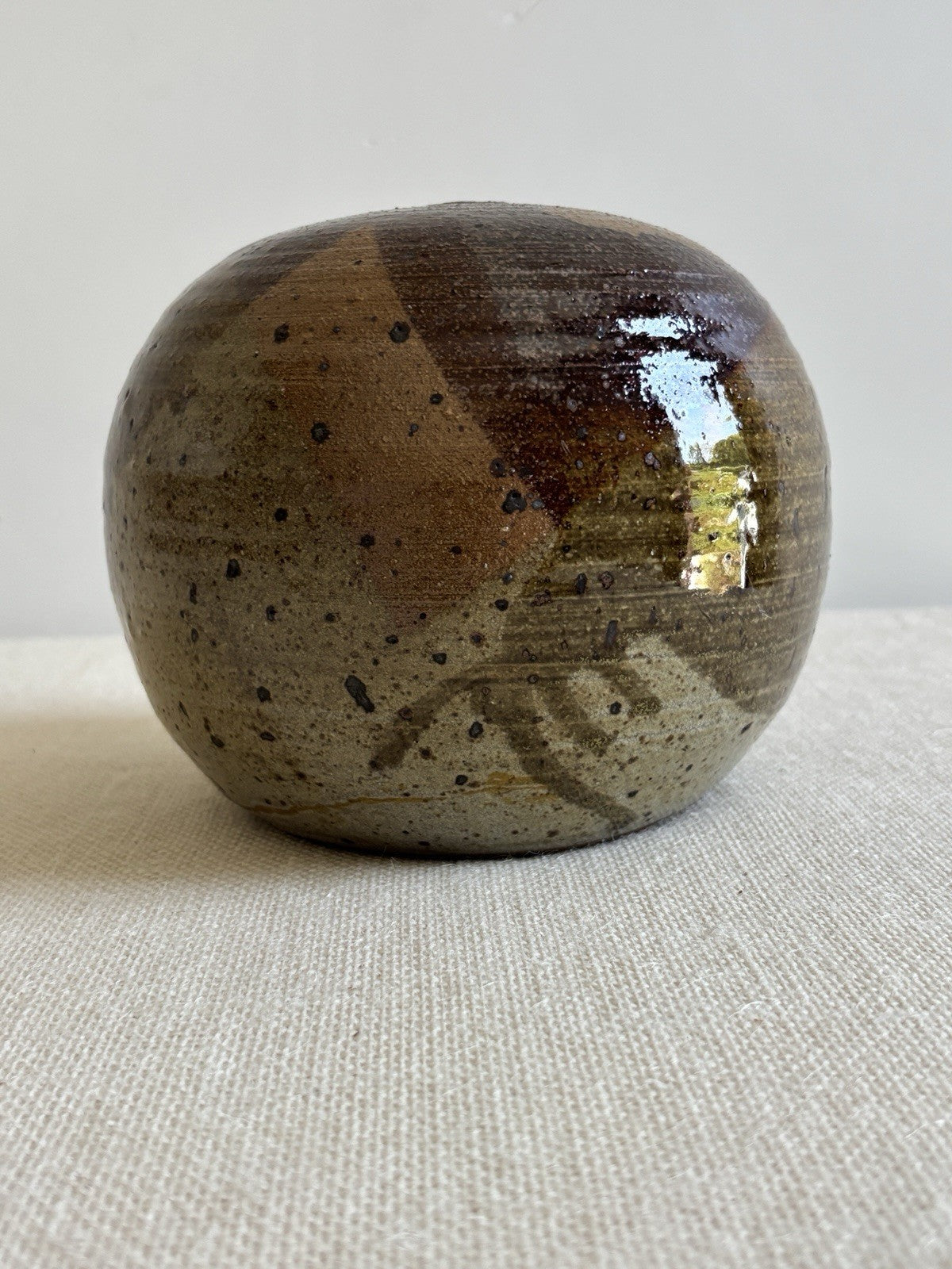 Spherical mid century signed studio pottery Weed Pot