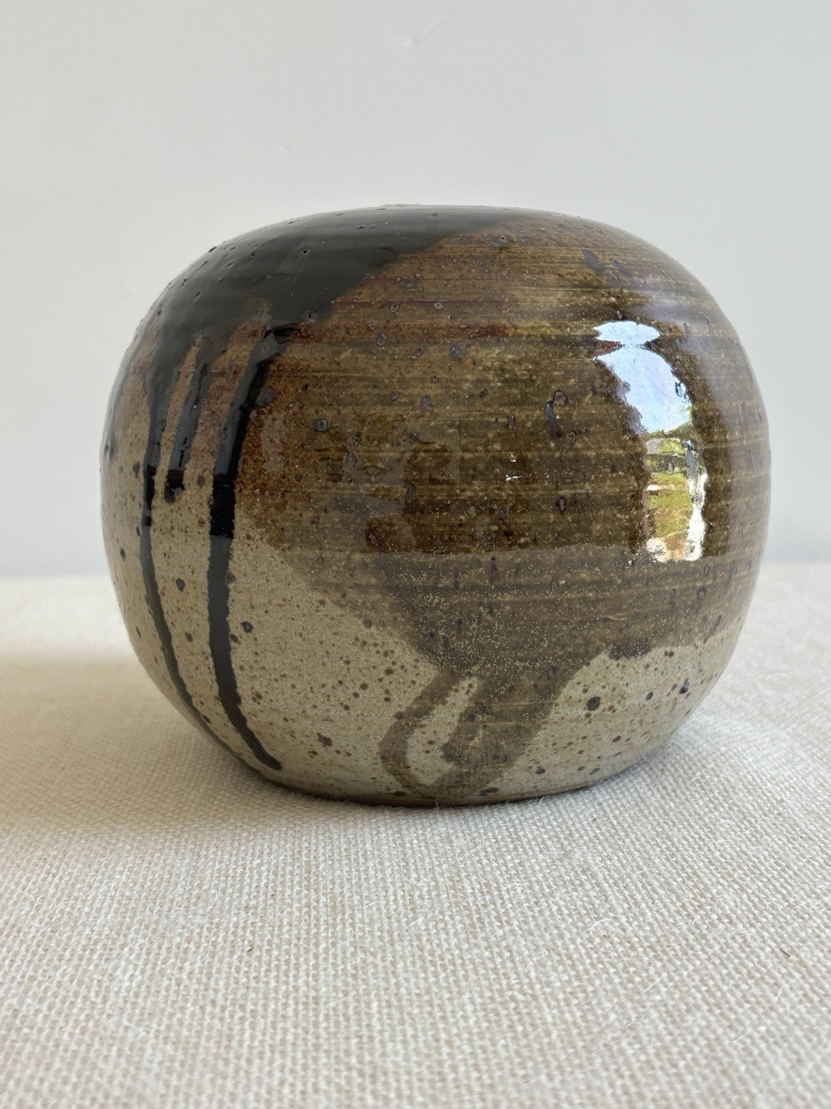 Spherical mid century signed studio pottery Weed Pot