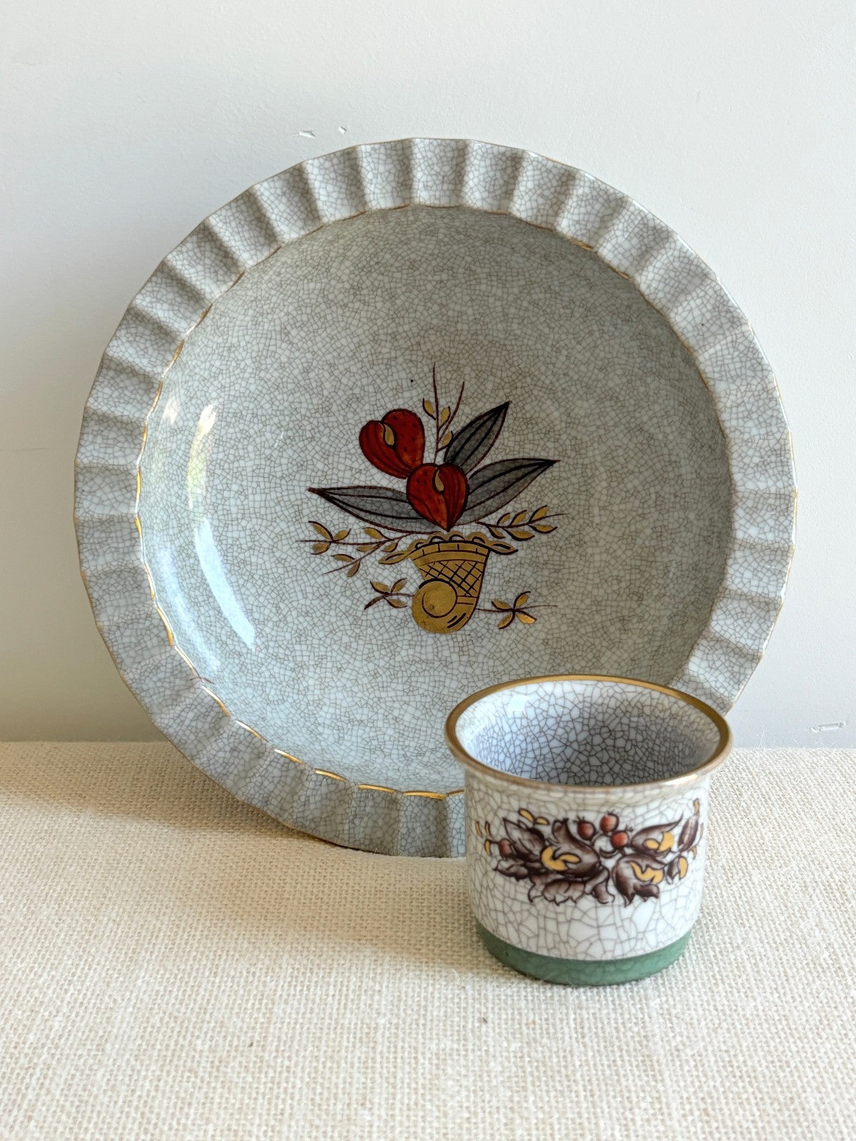 Danish Modern Crackle Glaze Ash Tray & Cigarette Cup