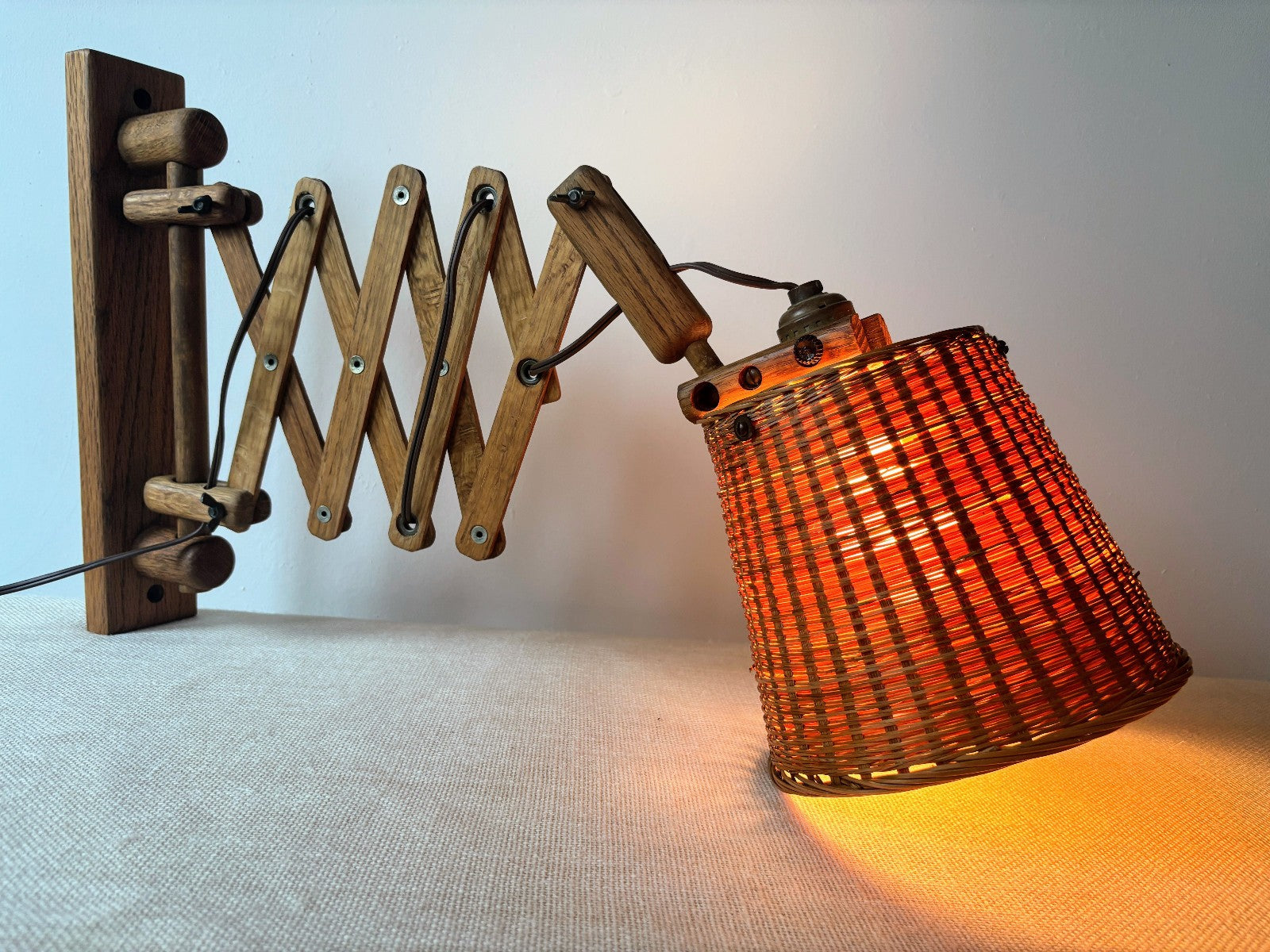 Danish Style Wood Scissor Lamp w/ Wicker Shade
