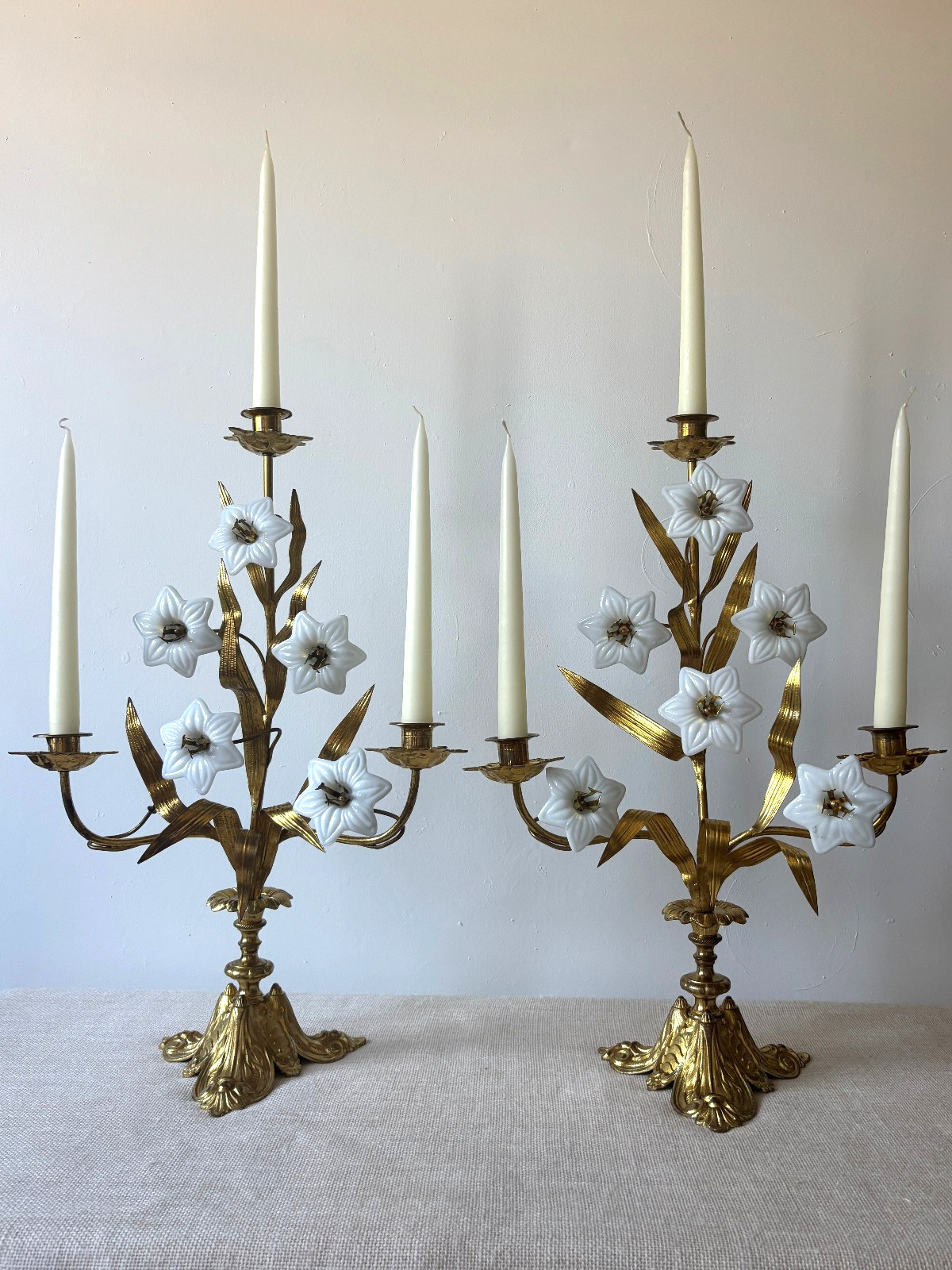 Antique 19th Century French Gilt Brass & Opaline Glass Flower Candelabras