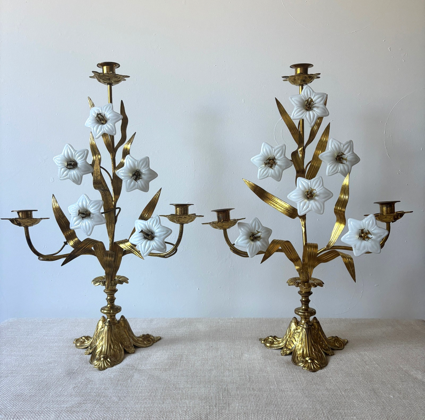 Antique 19th Century French Gilt Brass & Opaline Glass Flower Candelabras