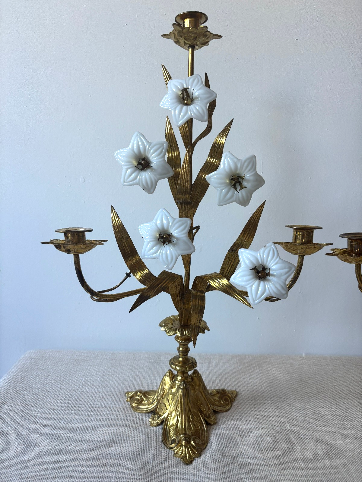 Antique 19th Century French Gilt Brass & Opaline Glass Flower Candelabras