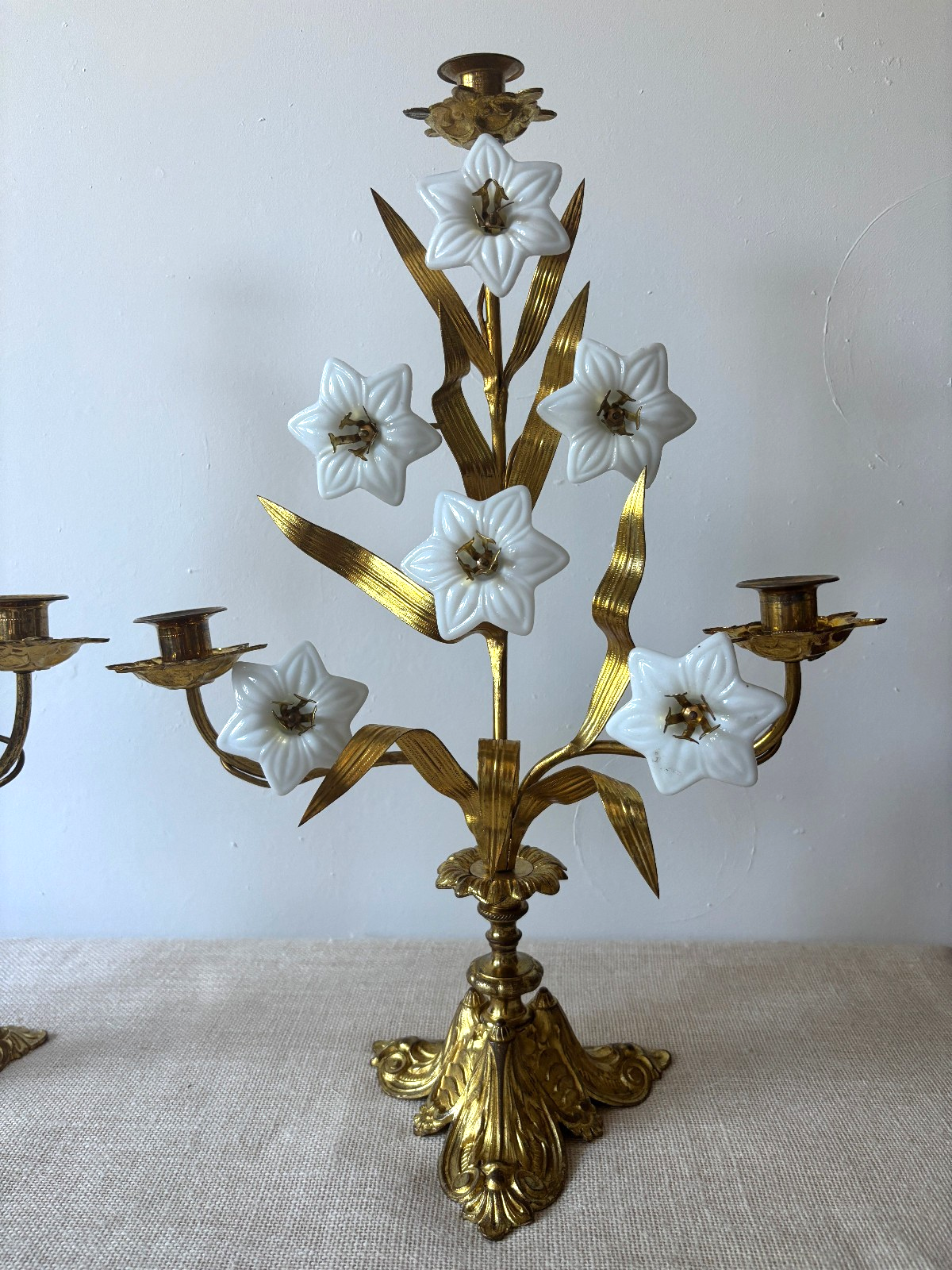 Antique 19th Century French Gilt Brass & Opaline Glass Flower Candelabras
