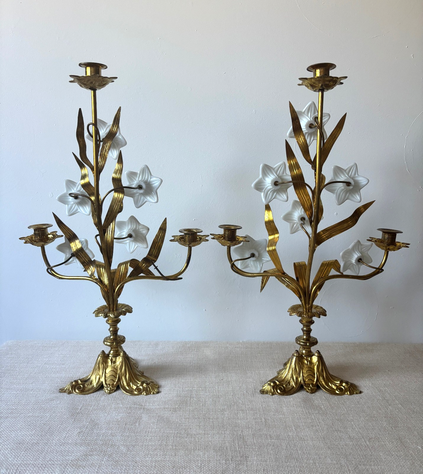 Antique 19th Century French Gilt Brass & Opaline Glass Flower Candelabras