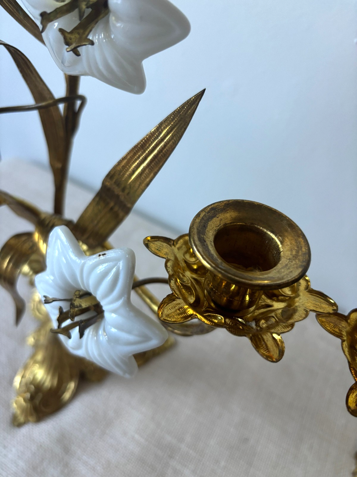 Antique 19th Century French Gilt Brass & Opaline Glass Flower Candelabras