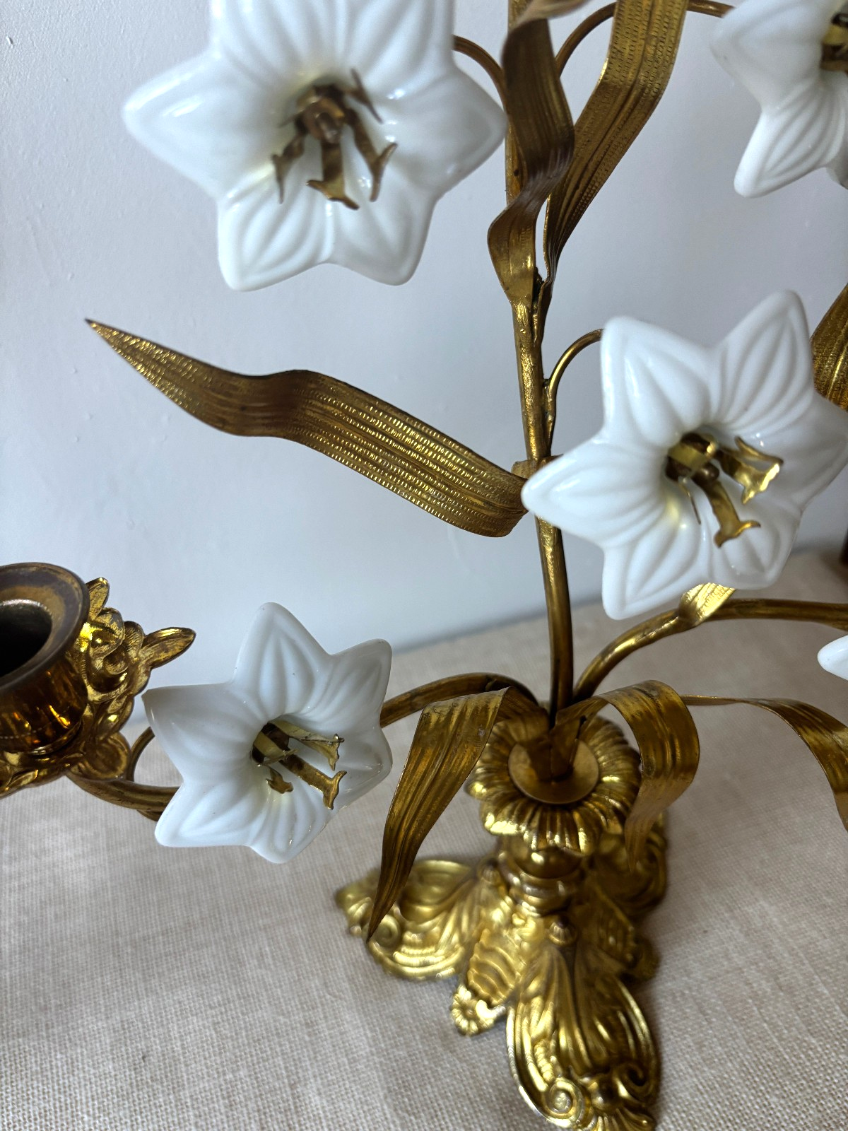 Antique 19th Century French Gilt Brass & Opaline Glass Flower Candelabras