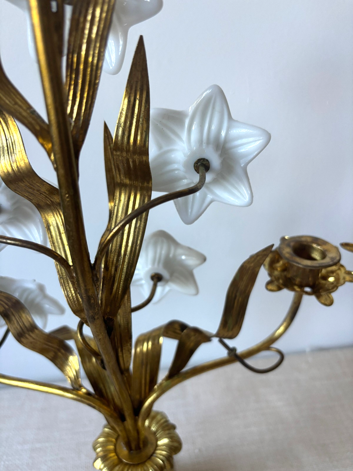 Antique 19th Century French Gilt Brass & Opaline Glass Flower Candelabras
