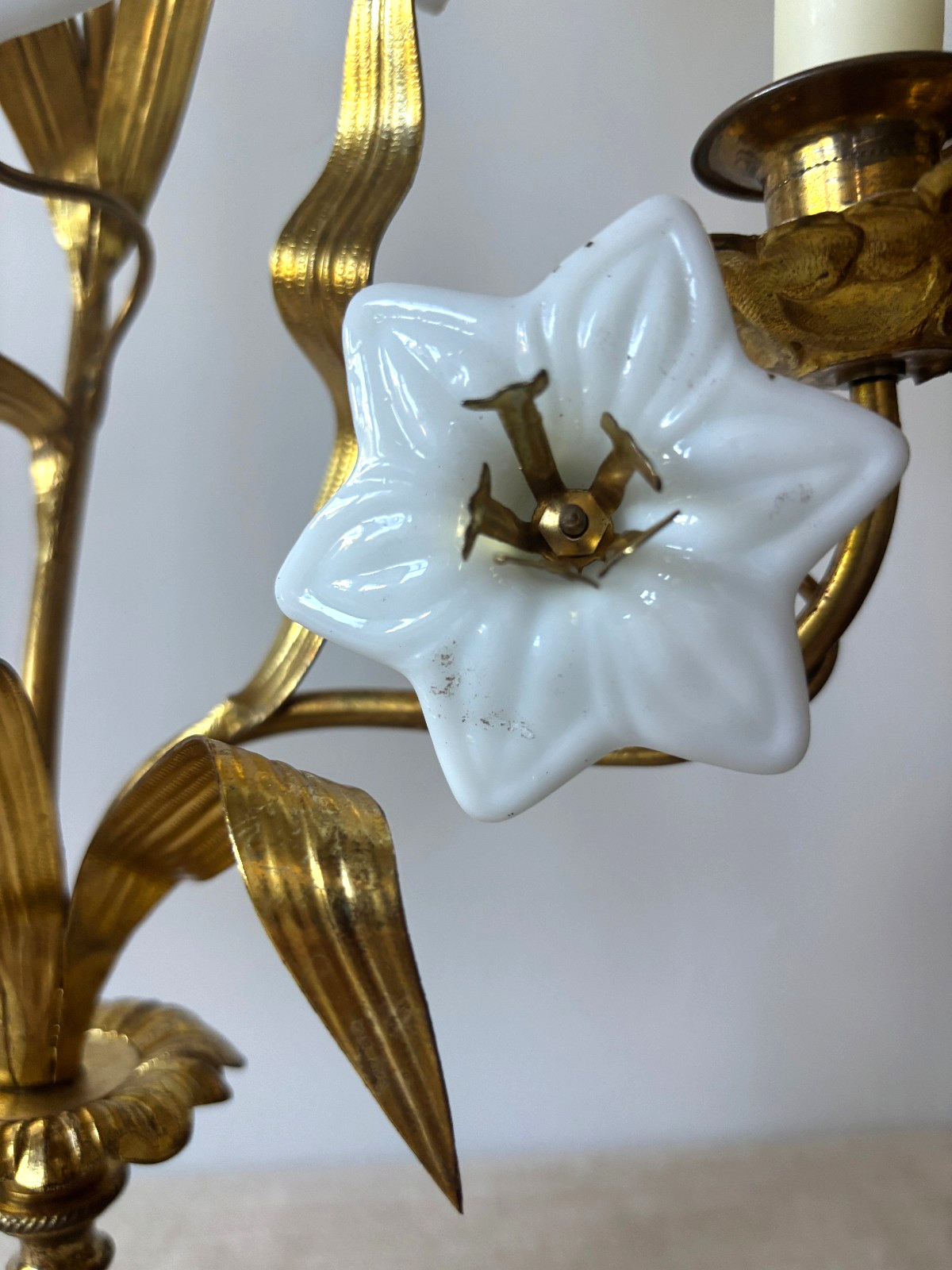 Antique 19th Century French Gilt Brass & Opaline Glass Flower Candelabras