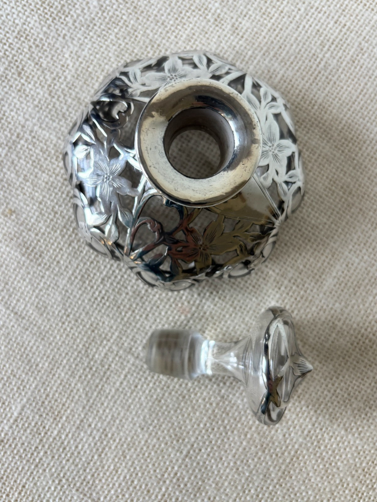 Art Nouveau Sterling Overlay Perfume Bottle by Alvin