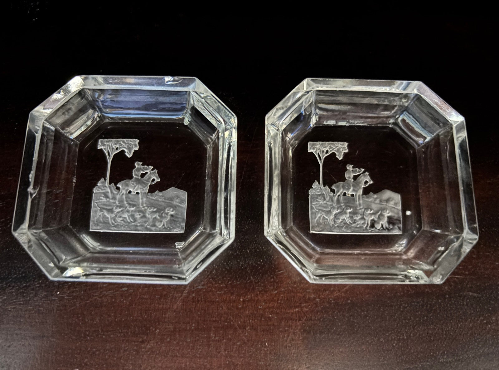 Art Deco Heinrich Hoffmann Intaglio Glass Pin or Ash Trays Equestrian Hunt with Dogs