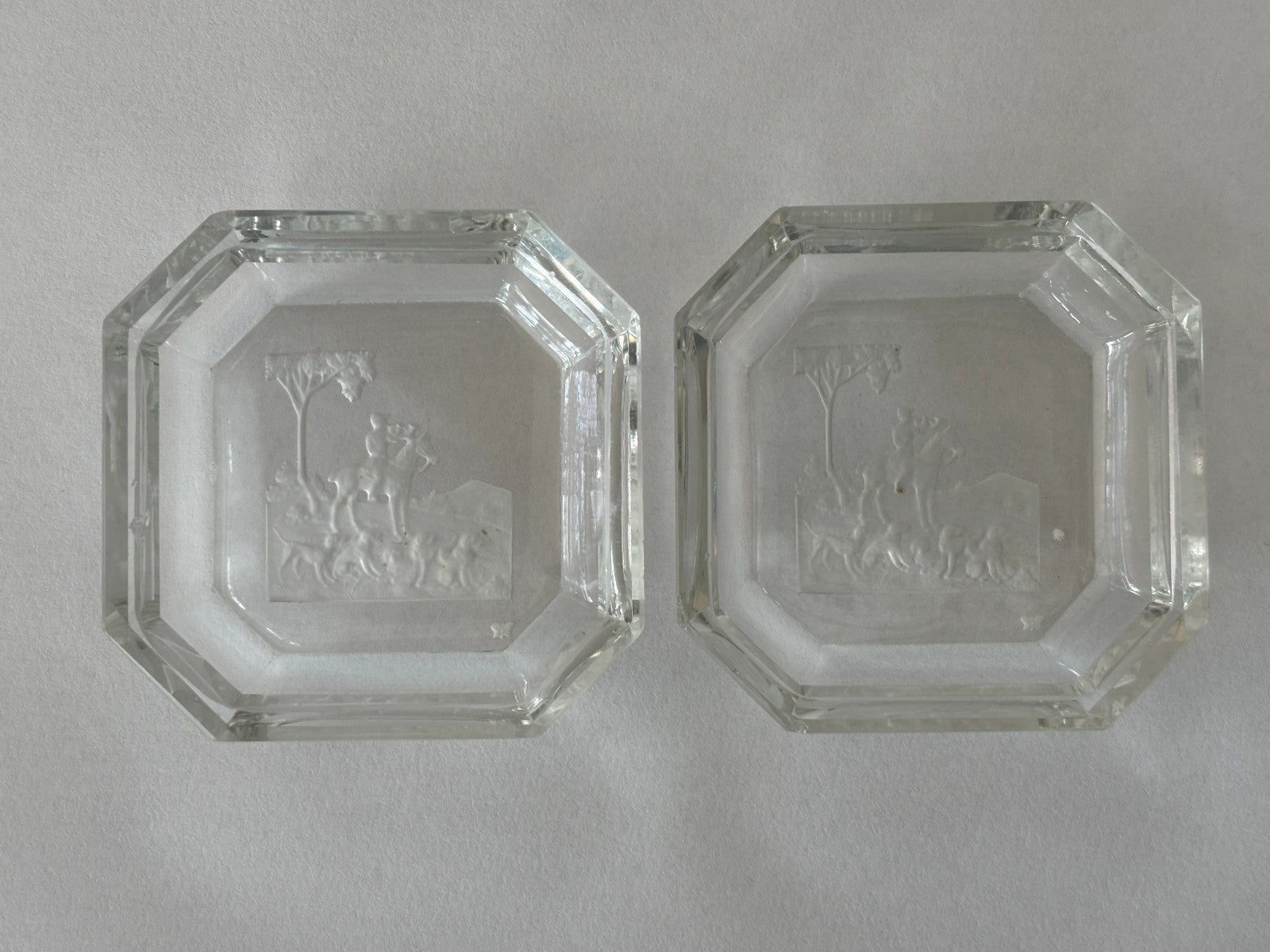 Art Deco Heinrich Hoffmann Intaglio Glass Pin or Ash Trays Equestrian Hunt with Dogs