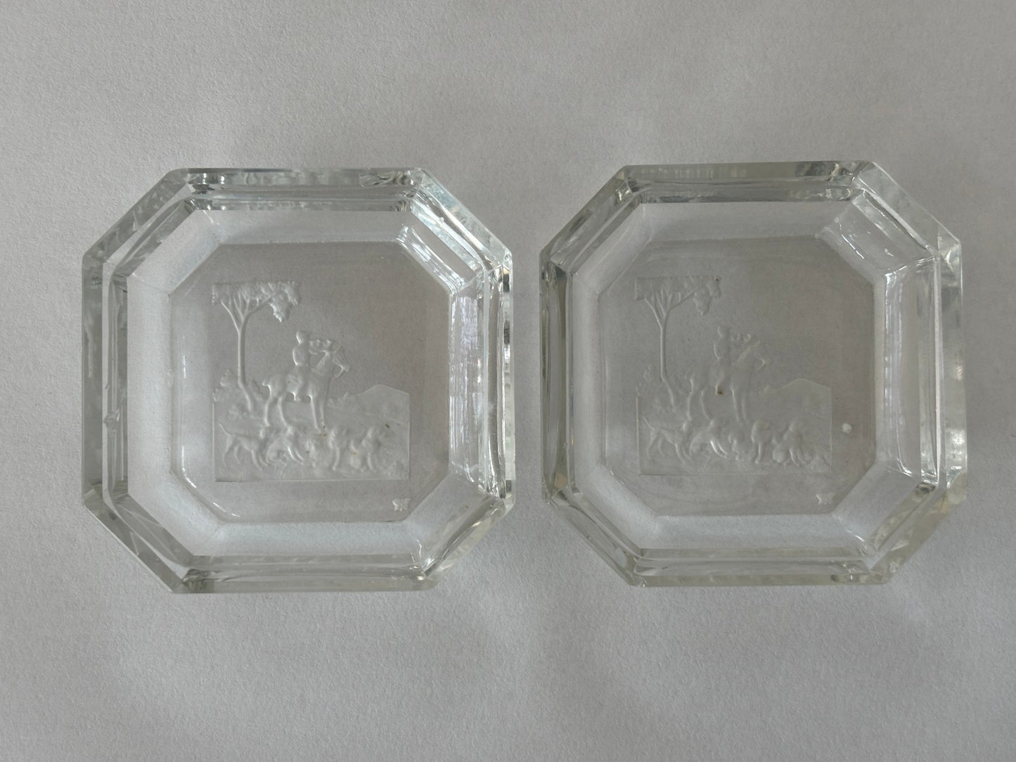Art Deco Heinrich Hoffmann Intaglio Glass Pin or Ash Trays Equestrian Hunt with Dogs