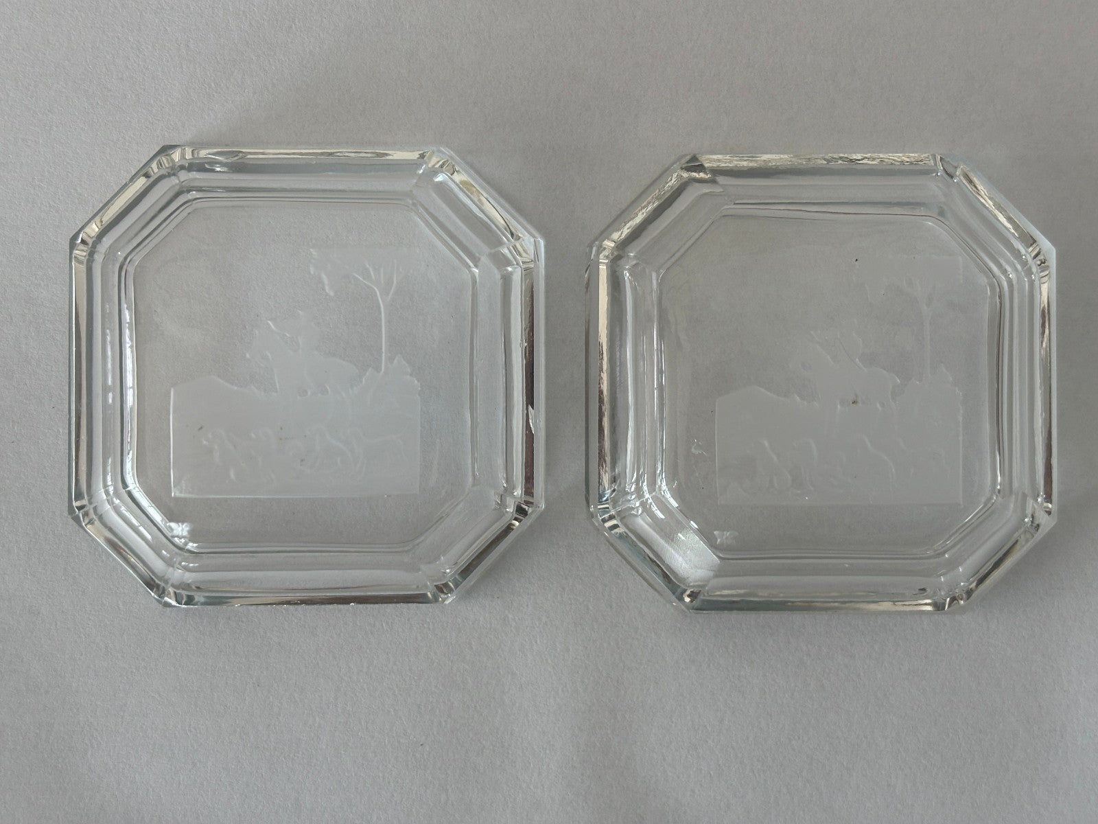 Art Deco Heinrich Hoffmann Intaglio Glass Pin or Ash Trays Equestrian Hunt with Dogs